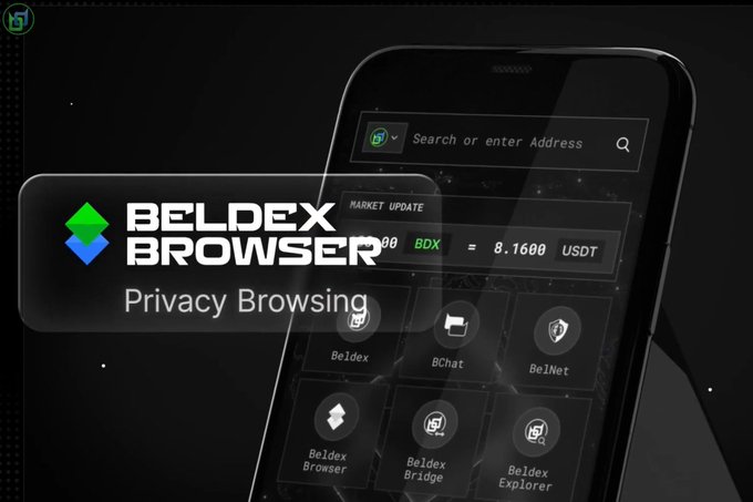 An advertisement for 'BELDEX BROWSER' highlighting 'Privacy Browsing' with features like BeiDex, BChat, and BeiNet displayed on a smartphone interface.