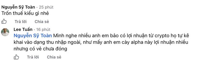 A Facebook comment exchange in Vietnamese where Nguyễn Sỹ Toàn asks 'Trốn thuế kiểu gì nhỉ' and Lee Tuấn responds about crypto profits and alpha investments.