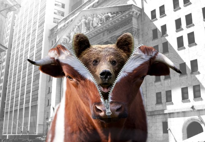 A surreal image of a brown bear's head emerging from an unzipped cow in front of what appears to be the New York Stock Exchange building.