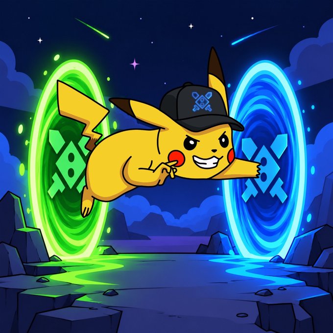 A cartoon Pikachu wearing a black cap flies through glowing green and blue portals in a stylized nighttime landscape. No readable text appears in the image; the accompanying post references “DAY 18” and a giveaway challenge involving @Duelbits 2.0.