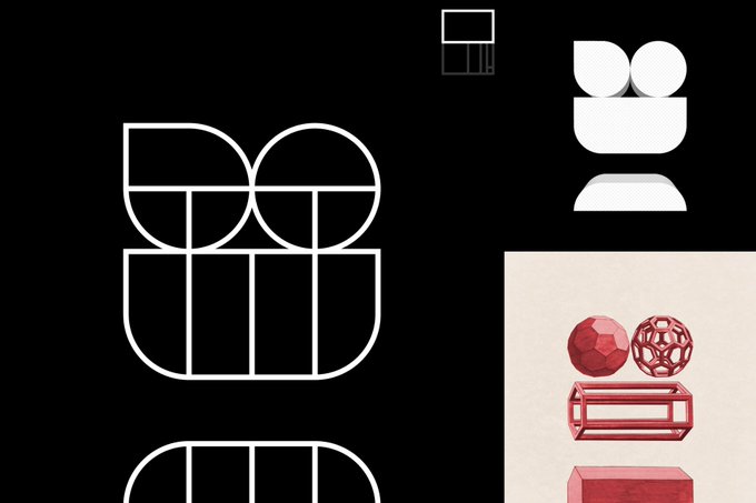 A black graphic design featuring white outlined geometric letterforms alongside minimalist illustrations including a figure and red jewelry-like objects.
