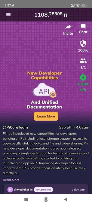 The image shows a mobile screenshot from the Pi Network app displaying a balance of 1108.28308 π at the top, along with interface icons for Invite, Chat, and a 100% indicator. The main content features a purple-themed promotional banner announcing "New Developer Capabilities" with "API And Unified Documentation" and a "Learn More" button. Below the banner, a post from @PiCoreTeam dated Sep 5th at 4:02am describes Pi's introduction of new developer capabilities, including local storage support, app-specific access to staking data, and file/video sharing, which directly corresponds to the promotional content shown above it in the screenshot.