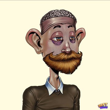 A surrealist digital illustration of a figure with an exposed brain, oversized ears, purple bruised eyes, and a large orange mustache.
