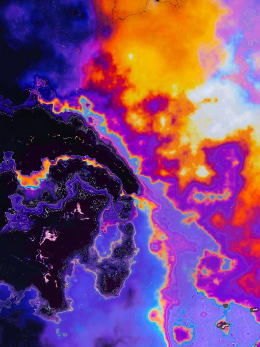 An abstract digital artwork featuring a vibrant mix of orange, purple, and blue fluid-like patterns with dark, textured shapes in the foreground.