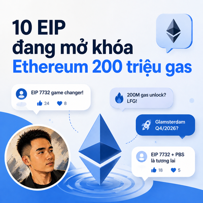 A Vietnamese-language graphic titled '10 EIP đang mở khóa Ethereum 200 triệu gas' features an Ethereum logo and a photo of a man, with callouts mentioning 'EIP 7732 game changer!', '200M gas unlock? LFG!', 'Glamsterdam Q4/2026?', and 'EIP 7732 + PBS là tương lai'.