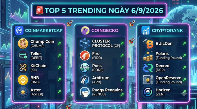 A futuristic 'TOP 5 TRENDING NGÀY 6/9/2026' crypto infographic listing trending coins across CoinMarketCap (Chump Coin, KiiChain), CoinGecko (Cluster Protocol, Firo), and CryptoRank (BUILDon, Polaris).
