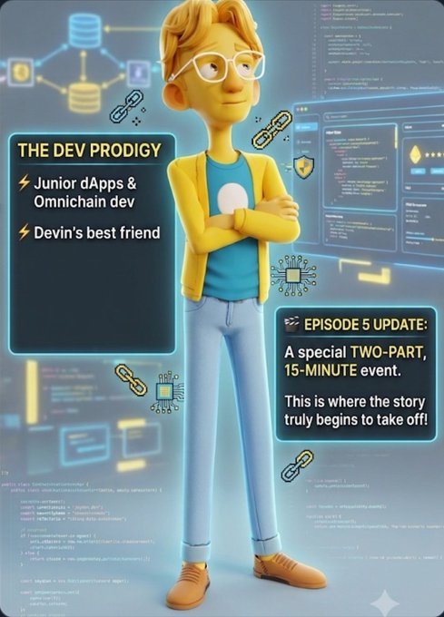 Pixar-style 3D character poster for "THE DEV PRODIGY," describing a "Junior dApps & Omnichain dev" and "Devin's best friend," with an "Episode 5 Update" for a "special TWO-PART, 15-MINUTE event."