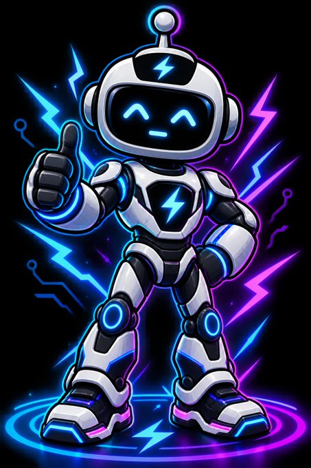 A futuristic white robot with glowing blue and pink neon lightning effects strikes a friendly thumbs-up pose, visually representing the energetic, community-powered vibe of @voltcade_, an all-in-one Discord tool that gamifies and energizes online communities with interactive features.