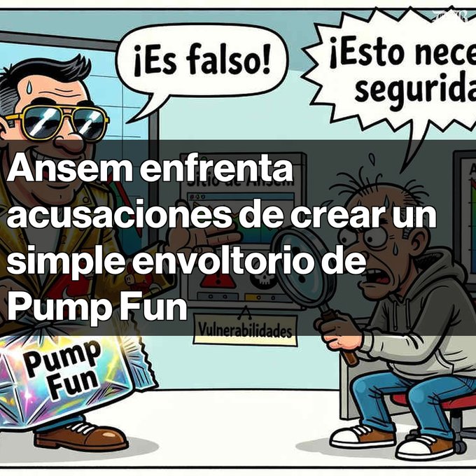 A Spanish cartoon showing Ansem being accused of creating a Pump Fun wrapper, with text '¡Es falso!' and 'Vulnerabilidades' visible.