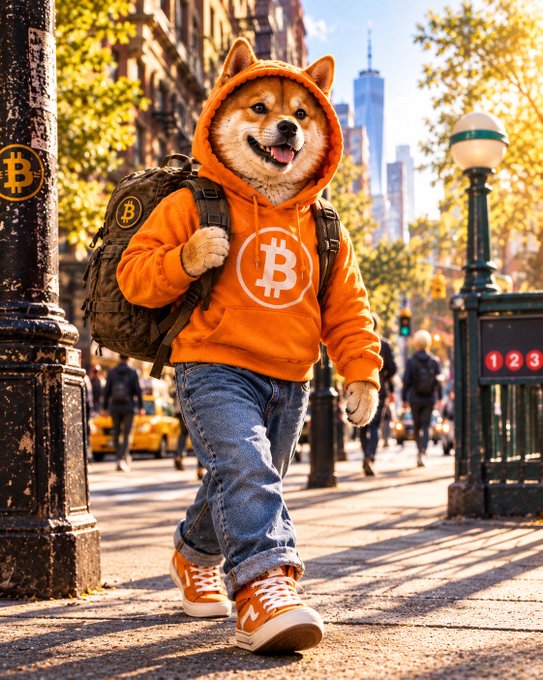 An AI-generated image of a Shiba Inu dog wearing an orange Bitcoin-themed hoodie, jeans, and sneakers, carrying a backpack with a Bitcoin logo while walking down a sunny city street.