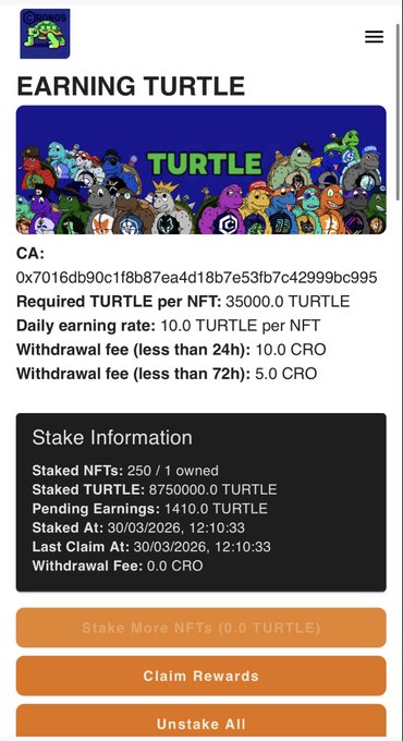 A "TURTLE" staking dashboard shows a user with 250/1 NFTs staked, 8,750,000 TURTLE tokens staked, and 1,410 TURTLE in pending earnings, with the last claim dated 30/03/2026—aligning with the post's anticipation of harvesting TURTLE rewards after the OBS staking pool completes.