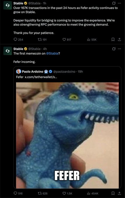 The image shows two X (formerly Twitter) posts from @Stable, one announcing 167K+ Fefer transactions in 24 hours with improved bridging liquidity, and another promoting the upcoming Fefer memecoin on the @Stable platform, illustrated with a meme of a blue T-Rex toy labeled "FEFER." The accompanying post about Robinhood Chain revenue appears unrelated to the Fefer memecoin content shown in the image.