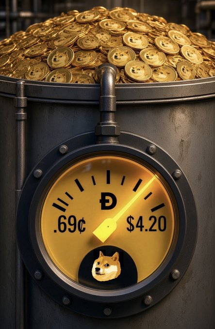 A pressure gauge displaying Dogecoin (Ð) at .69¢ and $4.20 is mounted on an industrial container overflowing with golden Dogecoins.