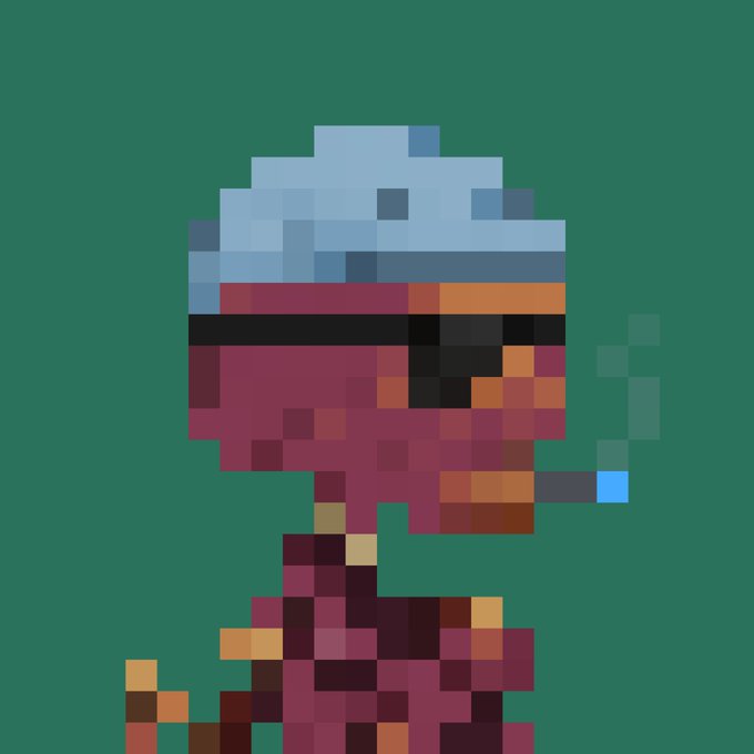 A pixel art illustration of a cyborg or robot character with a metallic dome head and sunglasses, wearing a red suit, smoking a cigarette against a solid green background.
