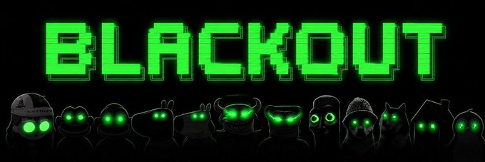 The word "BLACKOUT" in large green pixelated text appears above a row of shadowy figures with glowing green eyes, serving as a promotional banner for the $BLACKOUT community on Moby.