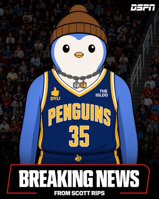 An ESPN "Breaking News" graphic features a cartoon penguin mascot wearing a beanie, chain, and a blue "PENGUINS 35" basketball jersey.