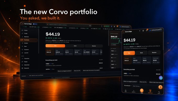 A promotional graphic for 'The new Corvo portfolio' featuring cryptocurrency trading interfaces on a desktop and mobile device, displaying 'VIBES' at $44.19.