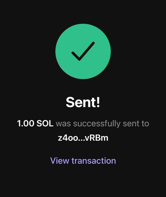 A confirmation screen with a green checkmark indicating 'Sent!' showing that 1.00 SOL was successfully sent to the address z4oo...vRBm.