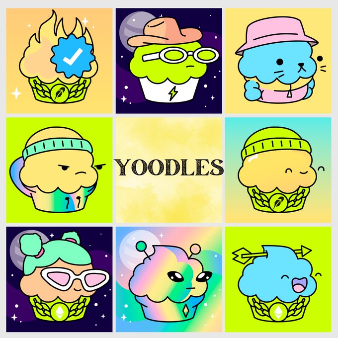 A 3x3 grid of colorful cartoon cupcake illustrations with the word 'YOODLES' in the center, featuring characters with various hats, glasses, and accessories.