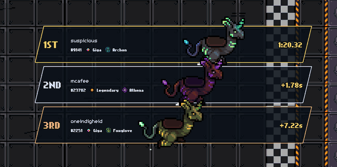 The image features a scoreboard for a racing game with three different colored dragons on it. The dragons are positioned at various points along a track, indicating their positions relative to each other. The scoreboard displays the names of the dragons and their respective positions, showing that Dragon 1 is ahead of Dragon 2 in terms of position, while Dragon 3 is behind them. The post also mentions that the game mode is called "@playgigaverse giga archon!".
