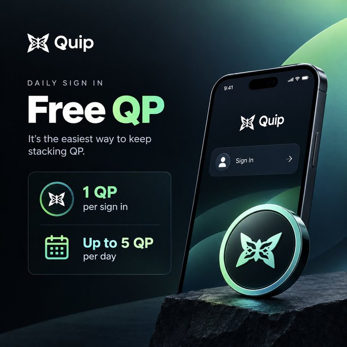 An advertisement for the Quip app showing a smartphone and a circular QP token, promoting daily sign-in rewards of "1 QP per sign in" and "Up to 5 QP per day."