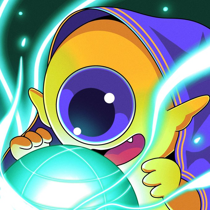 A cartoon one-eyed character in a purple hood with a wide grin holds a glowing green orb surrounded by swirling teal energy beams. The image evokes a magical, giveaway-themed excitement that pairs with the post's promotion of a Everdraw_RPG giveaway on the Banks_DAO Discord.