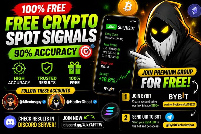 A crypto signal advertisement offering "100% FREE CRYPTO SPOT SIGNALS" with "90% ACCURACY", promoting accounts @Altcoinsguy and @HodlerGhost, and a join link via partner.bybit.com/r/158024 to a Discord server.