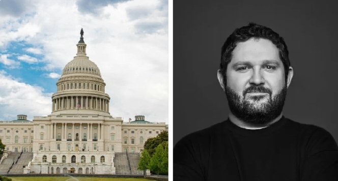 A side-by-side image showing the U.S. Capitol building on the left and a black-and-white headshot of Galaxy's Head of Research Alex Thorn on the right, visually tying federal regulatory efforts to Thorn's commentary on the crypto industry potentially achieving its regulatory goals through agency guidance rather than the CLARITY Act.