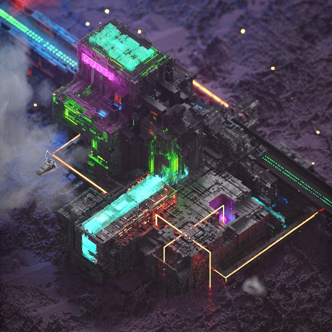 A neon-lit futuristic structure sits atop a textured purple surface, featuring glowing green and magenta panels with orange laser-like lines outlining its perimeter.