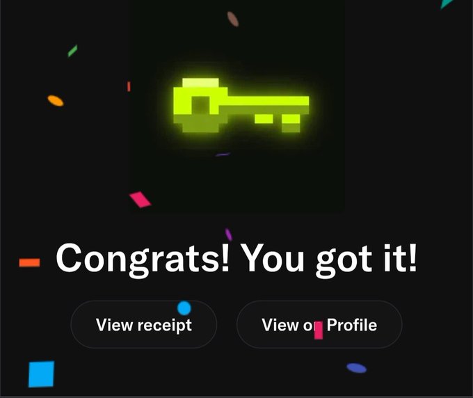 Celebratory digital screen displaying a glowing green pixelated key icon with confetti, accompanied by the text 'Congrats! You got it!' and buttons to 'View receipt' and 'View on Profile'.