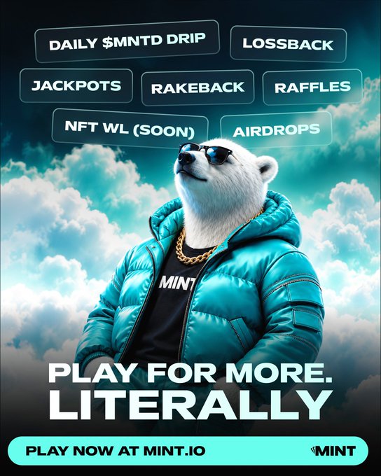 A promotional advertisement for MINT.IO features a polar bear wearing sunglasses, a gold chain, and a blue puffer jacket, with text including 'DAILY $MNTD DRIP', 'LOSSBACK', 'JACKPOTS', 'RAKEBACK', 'RAFFLES', 'NFT WL (SOON)', 'AIRDROPS', and 'PLAY FOR MORE. LITERALLY'.