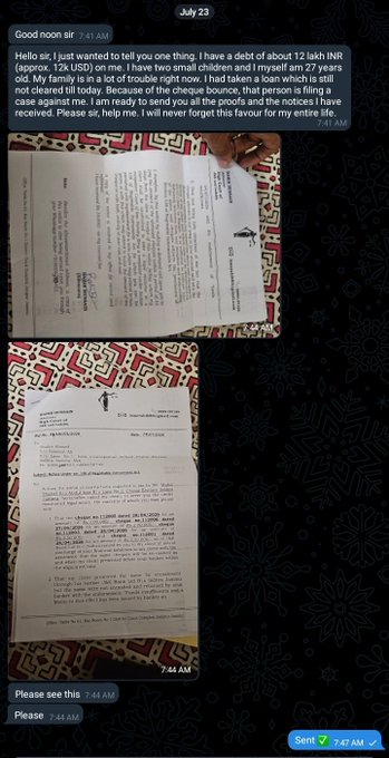 The image shows a WhatsApp message dated July 23 at 7:41 AM from "Good noon sir," describing a personal plea from a 27-year-old about an approximately 12 lakh INR (~$12k USD) debt, along with photos of loan documents being shared. The message reflects the "$12k sent" caption, illustrating the conversation where the debt was likely discussed or addressed.