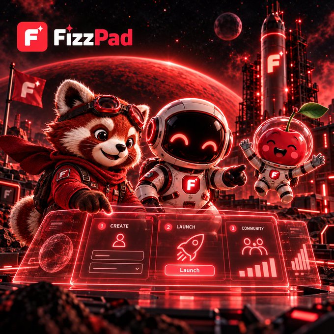 A vibrant red-toned digital illustration for 'FizzPad' featuring a red panda, a smiling astronaut, and a cherry character in spacesuits at a control panel labeled '1 CREATE, 2 LAUNCH, 3 COMMUNITY'.