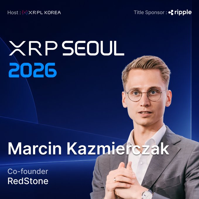 Promotional graphic for 'XRP SEOUL 2026' hosted by XRPL KOREA with Ripple as title sponsor, featuring a photo of Marcin Kazmierczak, Co-founder of RedStone, against a blue background.