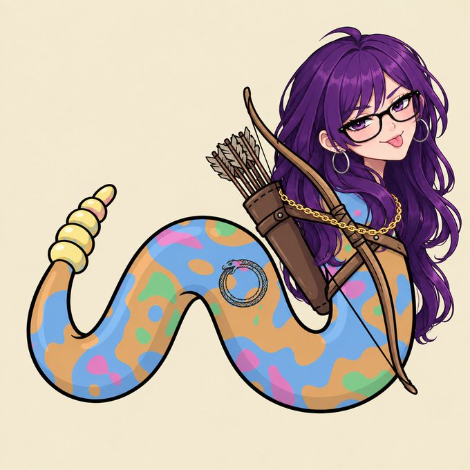 An anime-style illustration of a purple-haired girl with glasses, gold chain, and hoop earrings, whose lower body is a colorful snake-like tail carrying a bow and quiver of arrows.