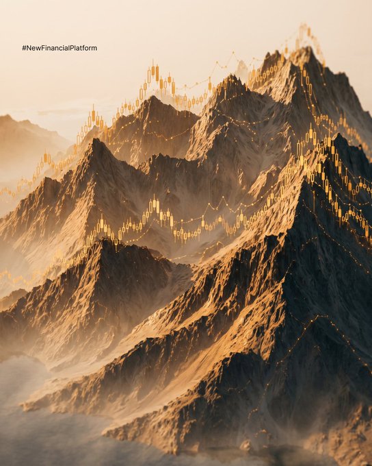The image shows a mountain range with peaks covered in gold, giving an impression of a golden hue. The mountains are depicted as having a 3D effect, making them appear more realistic. The caption below the photo reads "New Financial Platforms", which is likely related to the image's theme or context.