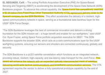 The image shows a screenshot from a webpage that displays text in yellow and black color scheme, discussing "The SNCF Space Force Design". The text highlights various awards and programs related to space exploration, particularly focusing on "SNCF backs network", which indicates its role in providing tactical communications services. These services seem to enhance the network with advanced satellite capabilities and a strong emphasis on interconnectedness.