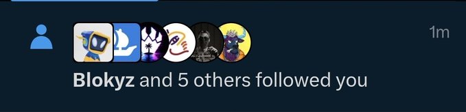 A notification from a social media platform shows that "Blokyz and 5 others followed you." The image confirms the user's surprise as mentioned in the post, documenting that they received a follow from @OriginalBlokyz along with five other accounts.