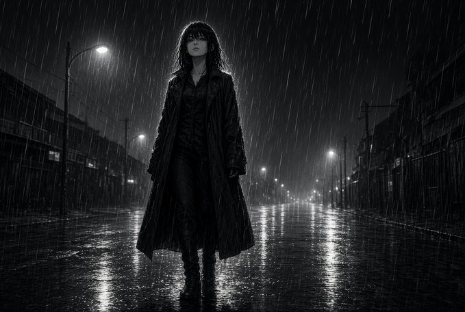A dramatic black-and-white illustration of a woman in a long coat standing alone in heavy rain on a dimly lit street, with reflections on the wet pavement.