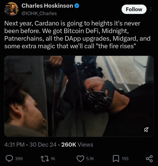 A screenshot of a tweet by Charles Hoskinson (@IOHK_Charles) about future plans for Cardano, including 'Bitcoin DeFi, Midnight, Patnerchains'. The post, dated Dec 30, 2024, includes an attached video showing a man using a blowtorch on a robotic arm.