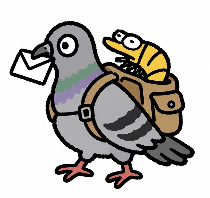 A cartoon illustration of a gray pigeon carrying an envelope in its beak, wearing a small bag on its back from which a yellow shrimp with bug eyes is peeking out.