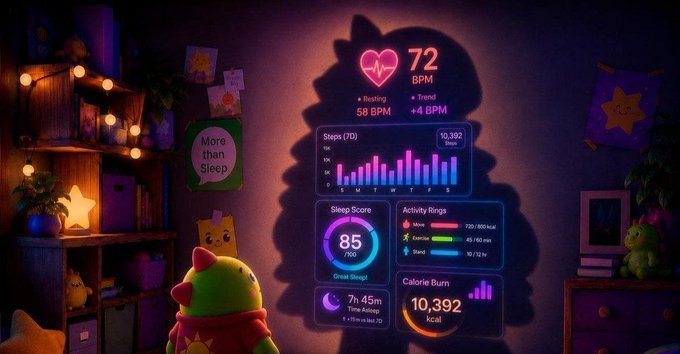 The image features a cartoon green dinosaur standing next to a wall that displays various health data, including heart rate, sleep score, calories burned, and activity levels. The dinosaur appears to be looking at the screen with interest or confusion. In the background, there are two potted plants and a nightstand with a lamp on it.
