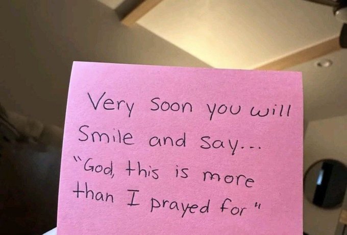 A handwritten note on pink paper reads, "Very soon you will smile and say... 'God, this is more than I prayed for.'" The inspirational message pairs with a crypto wallet address (0x6Ec90334d89dBdc89E08A133271be3d104128Edb), suggesting a hopeful post about expected financial blessings or gains.