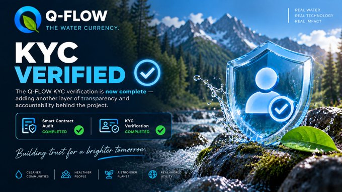 Q-FLOW advertisement announcing KYC verification is complete, featuring a shield icon with a verified user, set against a mountain stream background.