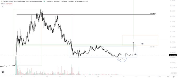 This chart shows the CASHCAT/WETH trading pair on Uniswap, with an analysis suggesting a potential stage 3 bottom with specific price targets and conditions for entering trades. The image visually represents the price action and key levels discussed in the accompanying post.