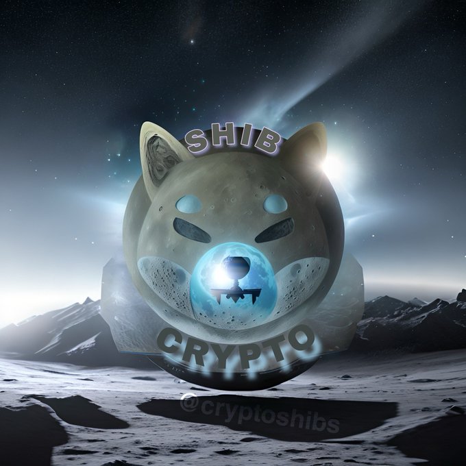 The image depicts the Shiba Inu ($SHIB) cryptocurrency logo as a large moon-like sphere with a glowing blue rocket emerging from its nose, set against a starry cosmic backdrop and mountainous lunar landscape, with the text "SHIB" above and "CRYPTO" below, credited to "@cryptoshibs"—visually reinforcing the post's claim that $SHIB is about to "explode to the moon."
