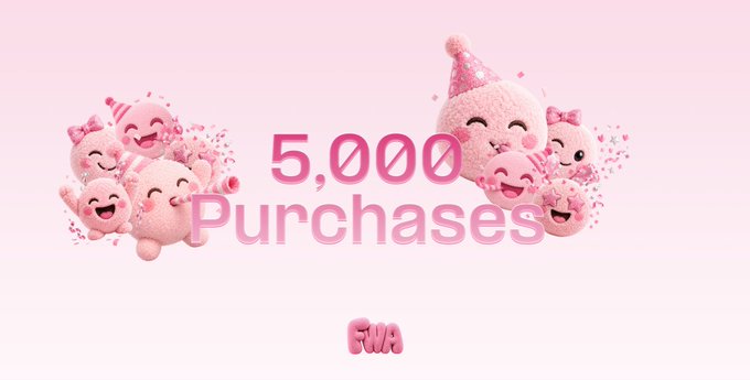 A pink-themed graphic displays '5,000 Purchases' surrounded by cute, cartoon pink puffball characters, one wearing a party hat, with 'FLW' at the bottom.