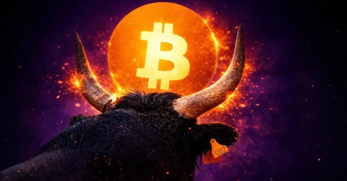 A black bull stands silhouetted against a glowing orange Bitcoin symbol, with sparks and a purple cosmic backdrop evoking the explosive energy of a crypto bull run. The imagery visually reinforces the post's claim that historically strong U.S. manufacturing data has preceded major cryptocurrency rallies, suggesting bullish momentum ahead for Bitcoin.