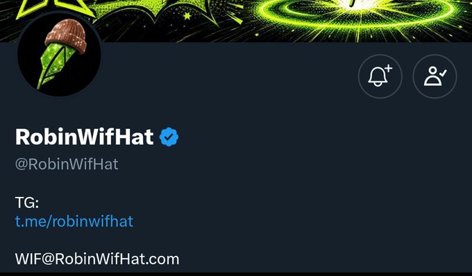A screenshot of the Twitter/X profile for RobinWifHat (@RobinWifHat), featuring a logo with a brown hat on a green background, with contact information showing "t.me/robinwifhat" and "WIF@RobinWifHat.com." The profile is associated with a $WIF token built on the Robinhood Chain, where holders can stake to deploy and earn from AI agents.