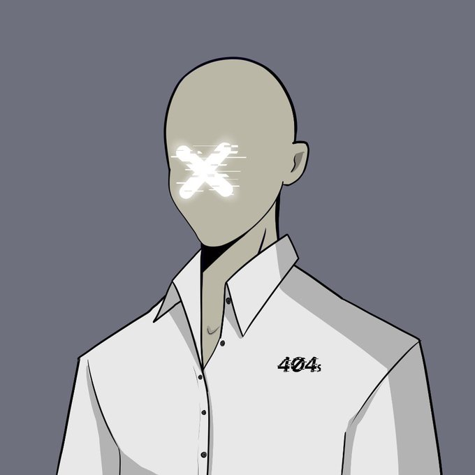 A bald, faceless figure wearing a white shirt with "404s" embroidered on the chest, featuring glowing white "X" marks where eyes should be, visually representing the "404" error/ethereal concept. The image ties into the giveaway promotion by serving as a stylized portrait of the @404s_ethereum brand offering 20 GTD spots.